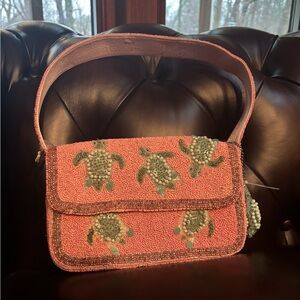 Beaded Coral Turtle Embellished Shoulder Bag- NWT